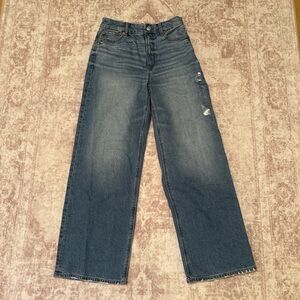 Blue Wide Leg Flare Jeans with Vintage Wash